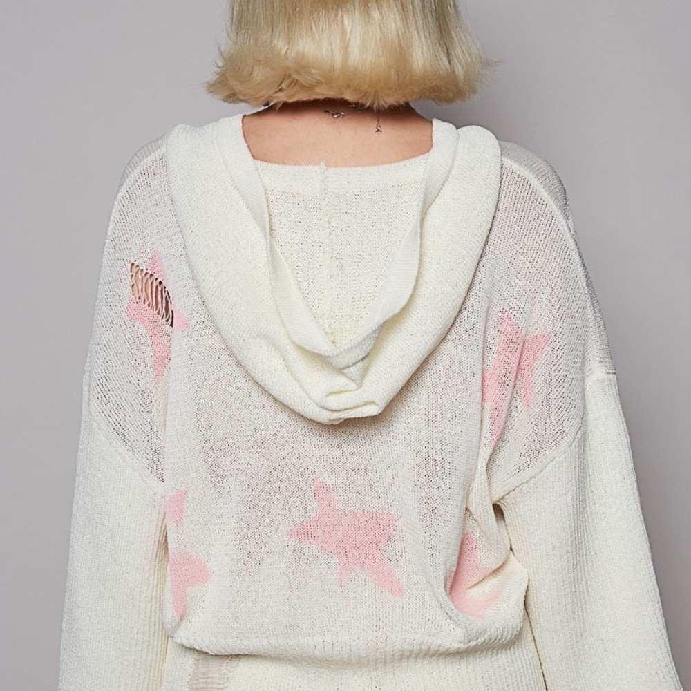 POL Clothing Distressed Star Pattern Hoodie 3/4 Sleeve Large Pink Sweatshirt - Picture 7 of 8